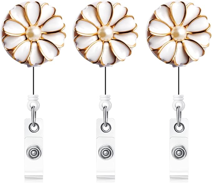 Retractable Badge Holder, ID Badge Reel with Pearl, 3 Pack (White)