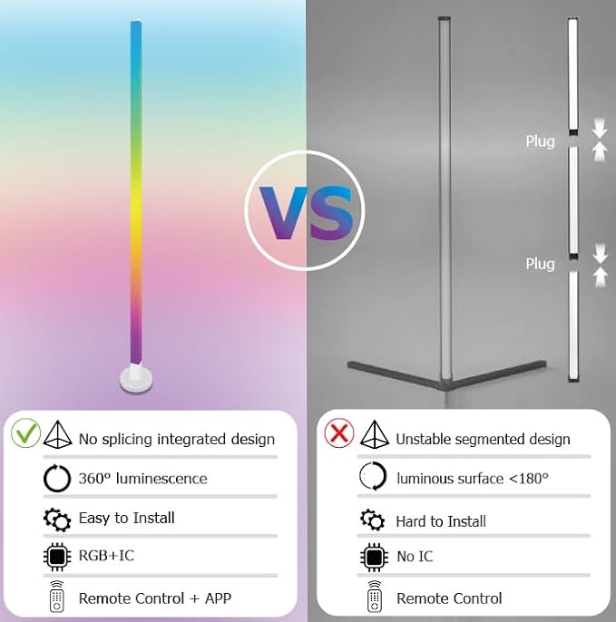 Corner Floor Lamp, 59" RGB+IC Dimmable White LED Floor Lamps, Smart Modern Corner Lamp with Remote, Tall Standing Lamp Bedroom Living Room Essentials, Music Sync for Game Room Decor