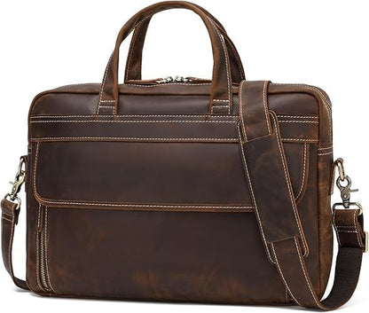 Full Grain 17.3" Leather Briefcase Messenger Laptop Bag For Men