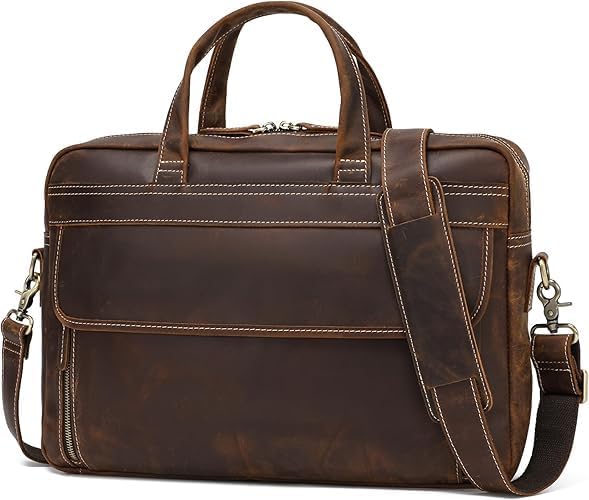 Full Grain 17.3" Leather Briefcase Messenger Laptop Bag For Men