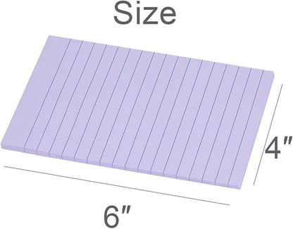 Vanpad Lined Sticky Notes 4X6 in Light Purple Ruled Stickies Super Sticking Power Memo Pads Strong Adhesive, 6 Pads/Pack, 45 Sheets/pad
