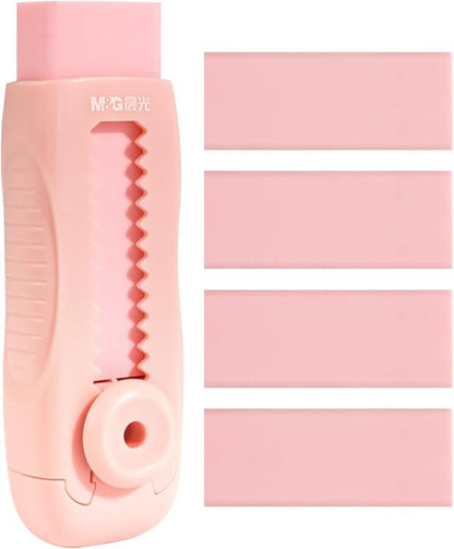 M&G 4+1 Pack Rubber Pink Erasers Sliding Retractable Eraser, Soft Cute Erasers Push Pull Large Pencil Erasers with Plastic Sleeve 4 Refill Eraser for School Students Kids Office Home Supplies
