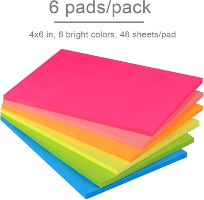 Vanpad Sticky Notes 4x6 in Bright Stickies Colorful Super Sticking Power Memo Pads Strong Adhesive 6 Pads/Pack 48 Sheets/pad
