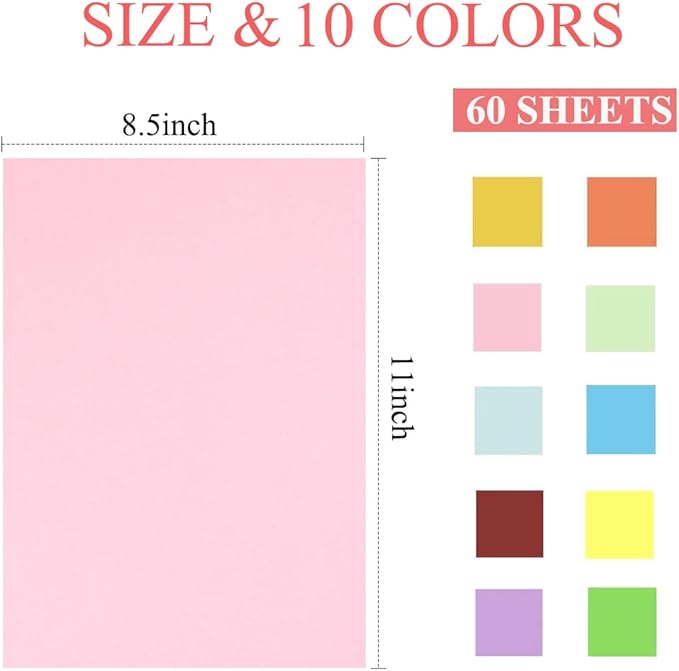 60 sheets 8.5 x 11 Inches Colored Card Stock Printer Paper,65 lb,Thick Construction Paper for Card Making, Scrapbooking,School Office Home Decor Supplies