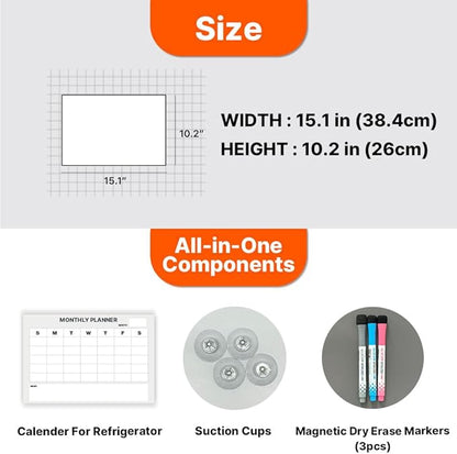GEEKBEAR Dry Erase Refrigerator Calendar with 3 Markers - Attachable to Any Fridge with Special Suction Cups - Monthly and Weekly Designs, Acrylic - 15.7" x 10.6" (02. Modern Gray, Monthly)