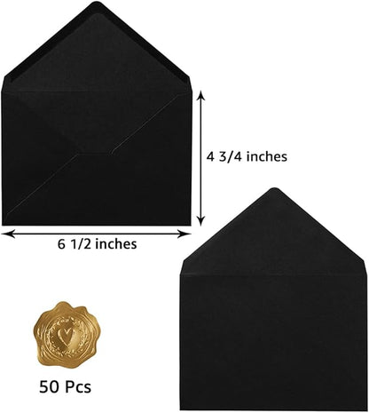 50 Pack A6 Envelopes for 4 x 6 Greeting Cards, Birthday Party, Photos, Baby Shower and Wedding Invitation Cards, 6 1/2 x 4 3/4 Inches (Black)