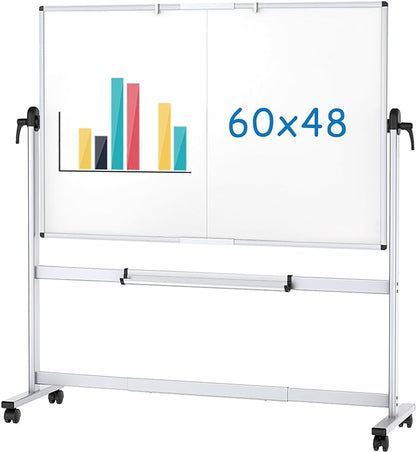 VIZ-PRO Double-Sided Mobile Whiteboard, 60 x 48 Inches, Magnetic Rolling Dry Erase White Board on Wheels with Aluminium Frame and Stand
