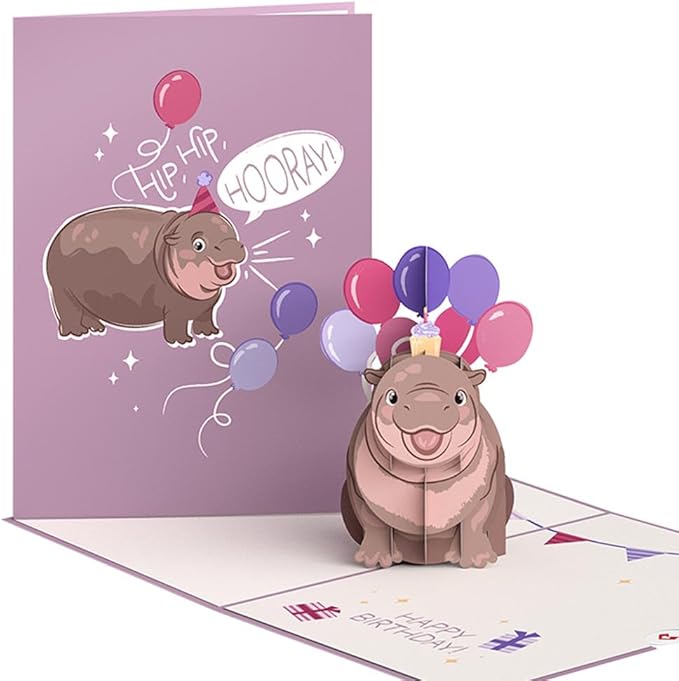 Lovepop Happy Birthday Pop-Up Card for Her and Him- 3D Birthday Animal Greeting Cards for Boys, Girls, Men, Women - Baby Pygmy Hippo - 5" x 7" Card - Blank Note Card & Envelope Included