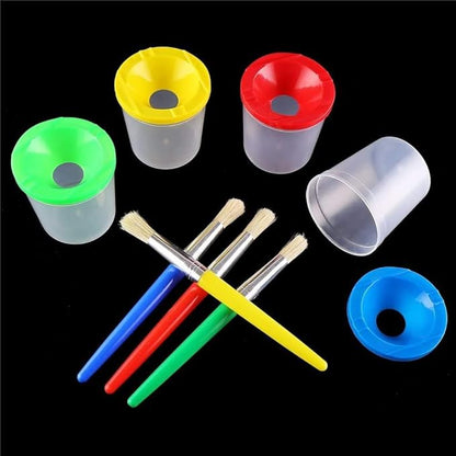 DIYASY 4 Pcs Kids No Spill Paint Cups and 4 Round Paint Brushes 4 Colors Spill Proof Paint Cups for Children’ Art Class and Home.