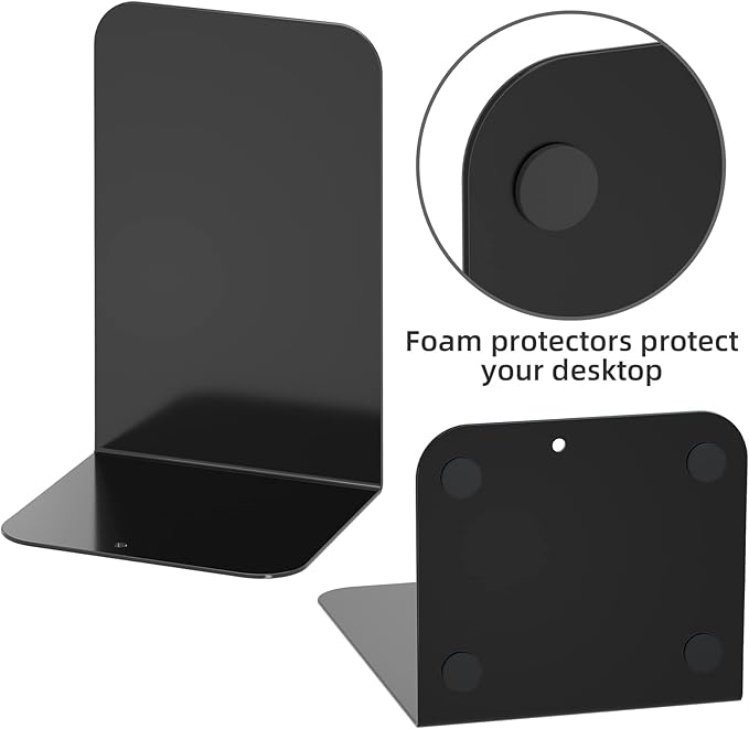 VFINE Metal Bookends 2 Pairs, Black Book Ends, Bookends for Shelves, Book Stopper for Heavy Books, Book Dividers for Home Office School Supplies