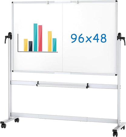 VIZ-PRO Double-Sided Mobile Whiteboard, 96 x 48 Inches, Magnetic Rolling Dry Erase White Board on Wheels with Aluminium Frame and Stand