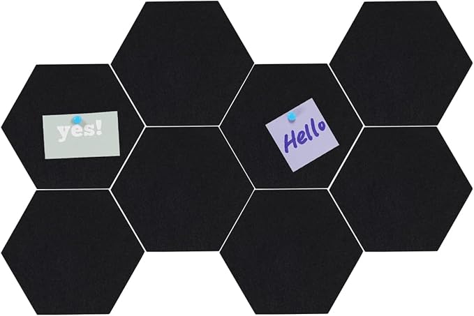 LAJAR 8 Pcs Hexagon Felt Bulletin Board Tiles, Self Adhesive Felt Pin Board Wall Tiles for Photos, Pictures, Memos (Black)