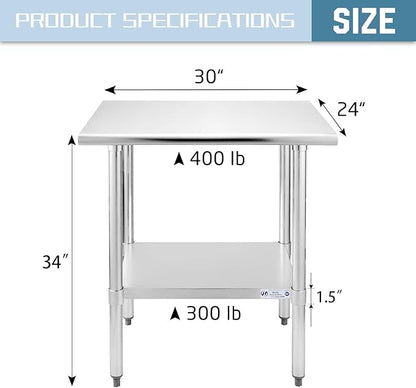 Hally Stainless Steel Table for Prep & Work 24 x 30 Inches, NSF Commercial Heavy Duty Table with Undershelf and Galvanized Legs for Restaurant, Home and Hotel