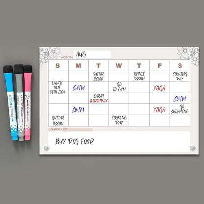 GEEKBEAR Dry Erase Refrigerator Calendar with 3 Markers - Attachable to Any Fridge with Special Suction Cups - Monthly and Weekly Designs, Acrylic - 15.7" x 10.6" (09. Flower, Monthly)