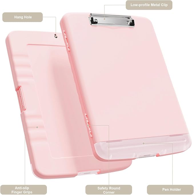 Piasoenc Clipboard with Storage, 8.5 x 11 Organization Box with Pen Holder and A4 Legal Paper Folder, Heavy Duty Plastic, Folio & Side-Opening, Low Profile Clip for Nurses, Teachers, Pink