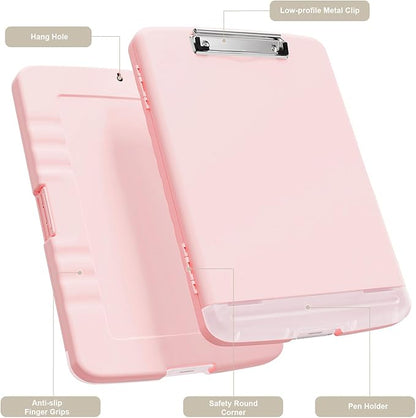 Piasoenc Clipboard with Storage, 8.5 x 11 Organization Box with Pen Holder and A4 Legal Paper Folder, Heavy Duty Plastic, Folio & Side-Opening, Low Profile Clip for Nurses, Teachers, Pink
