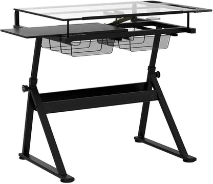 LifeSky Drafting Table Adjustable for Artists - Art Drawing Desk with Storage for Painting Sketching - Glass Top for Painters Illustrators Cartoonists Black