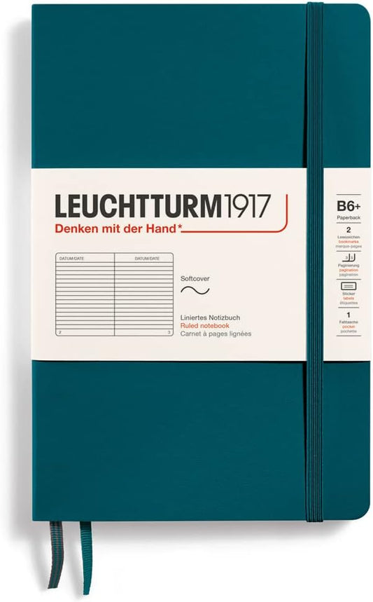 LEUCHTTURM1917 - Notebook Softcover Paperback B6+ - 123 Numbered Pages for Writing and Journaling (Ruled, Pacific Green)