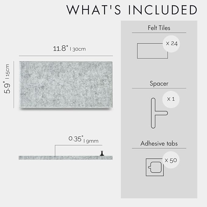 Large Cork Board for Office -Pack of 24- Black Felt Board Alternative - Felt Bulletin Board Tiles for Office Wall Decor, Push pin Board Wall Organizer for Office (Marble White)