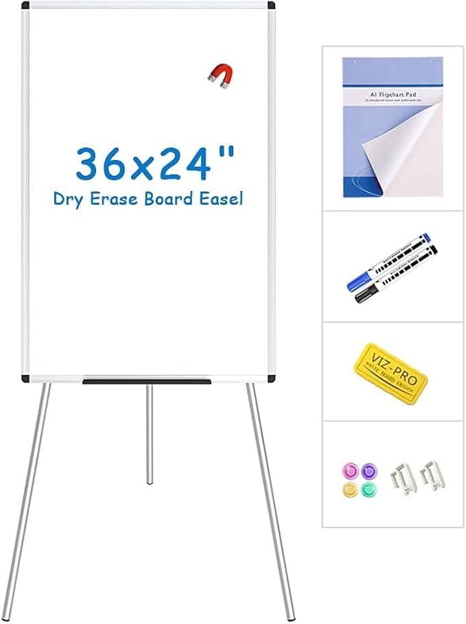 VIZ-PRO Magnetic Whiteboard Easel, 36 x 24 Inches, Portable Dry Erase Board Height Adjustable for School Office and Home