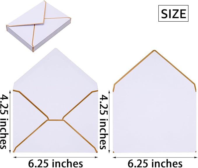 50 Pack White A4 Envelopes 4x6 Self-Adhesive V Flap Envelopes with Gold Border for Office, Greeting Card, Wedding, Graduation, Baby Shower, Parties, Invitations (4.25x6.25 inches)