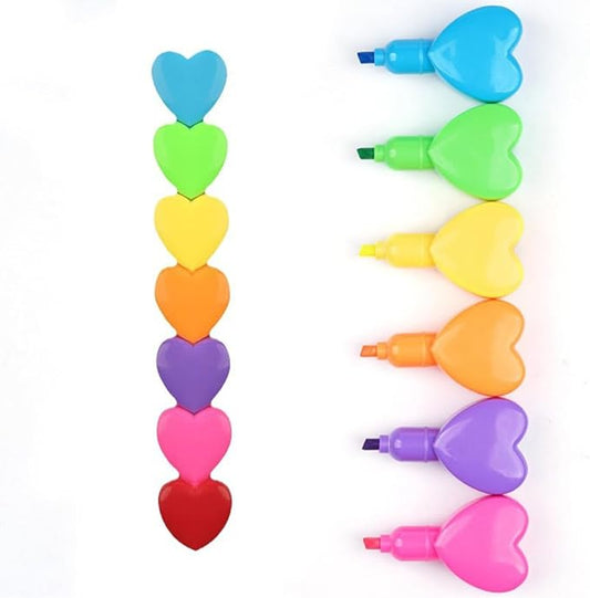 Set of 6 Love Heart Shape Color Highlighter Markers with 1 Red Heart Cap, Multicolor Highlighter Pens for School & Office.