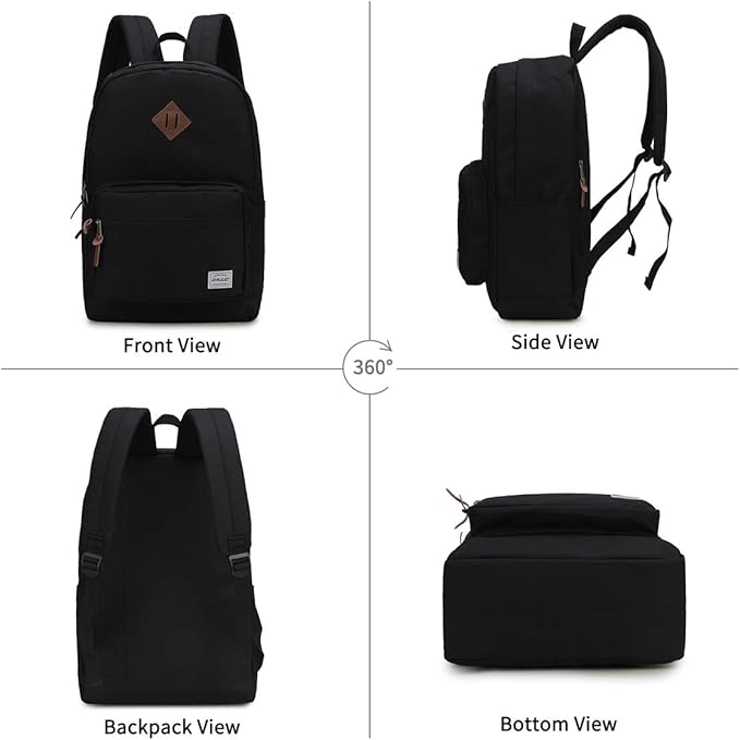 RAVUO School Backpack for Men Women, Water Resistant 15.6 inch Laptop Back Packs Bookbags College Daypack Black Bag with Side Pockets