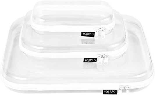 Bliss Bins - Hard Sided Clear Zipper Case for Storage- Professional-Grade Plastic Clear Zipper Pencil Case,Toy Storage Bins, Toiletry Pouch, Travel Organizer, Cosmetic Bag（White,3 Pack, LMS）