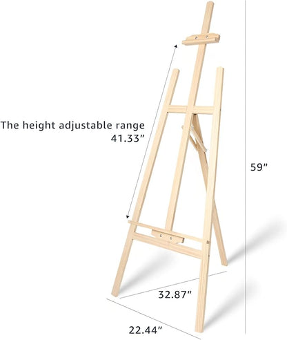 Nian Feng Wooden Easel for Painting, Large Floor Painting Stand for Adjnstable Height and Folding, 59-Inch, for Canvas Wedding Sign Poster, Art Easel for Adults and Teens (Natural)