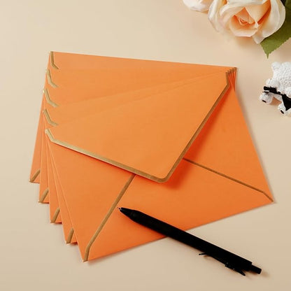 50 Pack Dark Orange A7 Envelopes 5 x 7 Self-Adhesive V Flap Envelopes with Gold Border for Office, Greeting Card, Wedding, Graduation, Baby Shower, Parties, Invitations (5x7 inches)