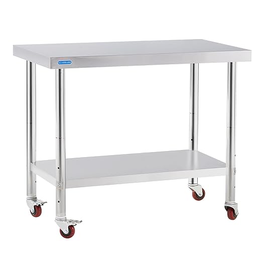 Stainless Steel Table for Prep & Work with 4 Caster Wheels with Undershelf 24 x 48 NSF Metal Commercial Kitchen Adjustable Under Shelf Worktable for Restaurant Home Outdoor