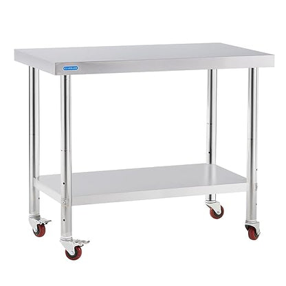Stainless Steel Table for Prep & Work with 4 Caster Wheels with Undershelf 24 x 48 NSF Metal Commercial Kitchen Adjustable Under Shelf Worktable for Restaurant Home Outdoor