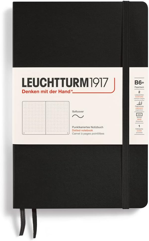 LEUCHTTURM1917 - Notebook Softcover Paperback B6+ - 123 Numbered Pages for Writing and Journaling (Dotted, Black)