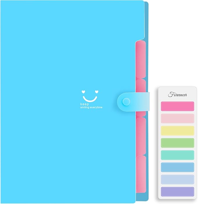 Forvencer Accordion File Organizer, Letter Size, 5 Pocket Expanding File Folder, Cute File Folder with Labels, Portable File Organizer for School Office Supplies, Folders for Documents, Sky Blue