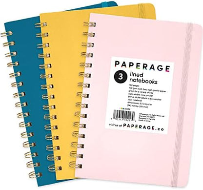 PAPERAGE Lined Spiral Journal Notebook, (Blush, Mustard Yellow, Turquoise), 3 Pack, 160 Pages, Medium 5.5 inches x 8 inches - 100 GSM Thick Paper, Hardcover, Double-Wire Spiral Journal & Notebook