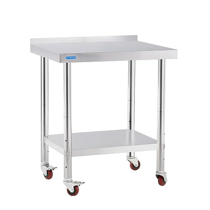 Stainless Steel Table for Prep & Work with 4 Caster Wheels with Backsplash 24 x 30 NSF Metal Commercial Kitchen Adjustable Under Shelf Worktable for Restaurant Home Outdoor