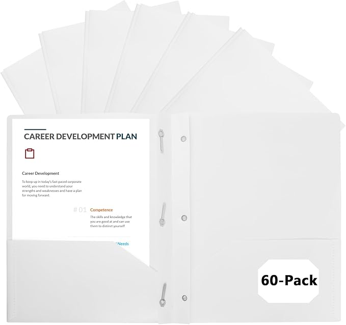 60-Pack Plastic Folders with Pockets and Prongs,2-Pocket Folders with 3 Fasteners, Poly Folders Holds 8-1/2" x 11" Paper for School/Office/Home, White