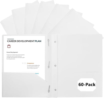 60-Pack Plastic Folders with Pockets and Prongs,2-Pocket Folders with 3 Fasteners, Poly Folders Holds 8-1/2" x 11" Paper for School/Office/Home, White