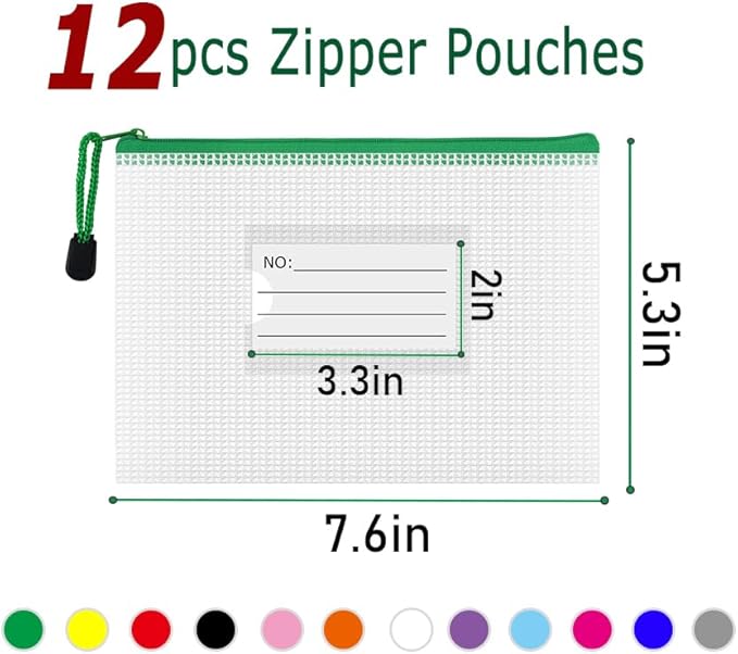 AUSTARK Plastic Mesh Zipper Pouch, 12Pcs Zipper File Bags with Label Pocket, Game Boards Storage Bags, Waterproof Document Storage Bags for Office Home Travel (B6 Size 7.6x5.3 in)