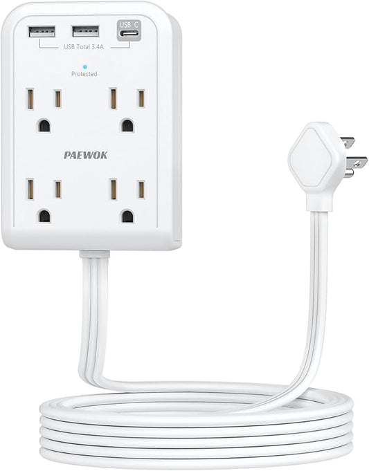 Flat Plug Outlet Extender with 3 USB Wall Plug(1 Type C), 4 AC Socket Wall Adapter, Electrical Outlet Extender, Power Strip Surge Protection with 8 ft Thin Extension Cord. White