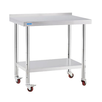 Stainless Steel Table for Prep & Work with 4 Caster Wheels with Backsplash 24 x 36 NSF Metal Commercial Kitchen Adjustable Under Shelf Worktable for Restaurant Home Outdoor