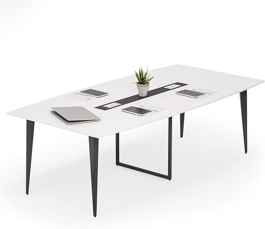 LITTLE TREE 8FT Conference Room Table, 94.48L x 47.21W x 29.52H Boat Shaped Meeting Table, White&Black