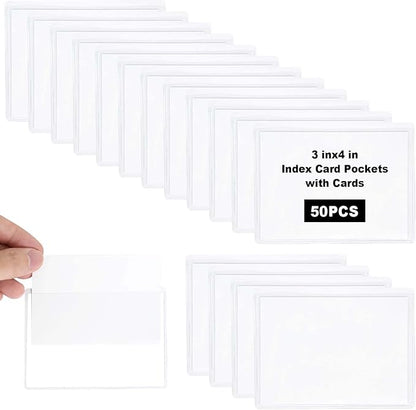 50 Pieces 3x4 inch Adhesive Plastic Pockets Sleeves with 50 Pieces White Insert Cards, Self Adhesive Clear Label Holder Index Card Pocket Sleeves Clear Plastic Sticky Labels Holders