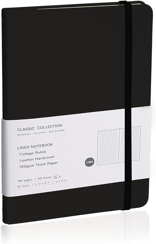 Lined Journal Notebook, (Black), 160 Pages, Medium 5.7 inches x 8 inches - 100 gsm Thick Paper, Hardcover