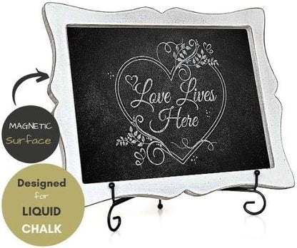 Small Chalkboard Sign with Easel (11x13) + White Liquid Chalk Marker | Hanging or Freestanding Framed Chalkboard with Hand Crafted Sweetheart Frame - Multipurpose | Small Chalkboard Sign