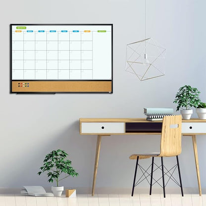 JILoffice Magnetic Calendar Whiteboard & Bulletin Corkboard Combination, Combo Board 36 x 24 Inch, Black Aluminum Frame Wall Mounted Board for Office Home and School with 10 Push Pins