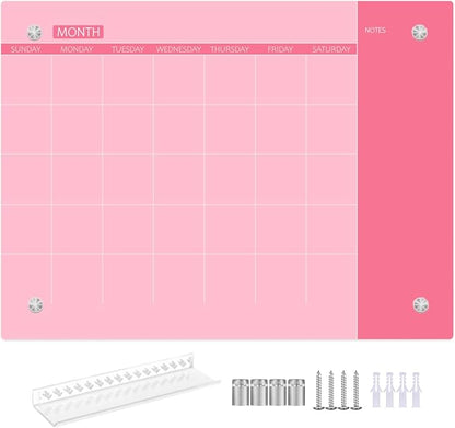 Glass Dry Erase Whiteboard, Monthly Calendar Whiteboard, Frameless Glass White Board for Home, School, Office, Pink Surface, 12" x 16"(GlassA-PK-3040)