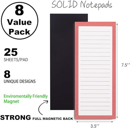 8 Magnetic Notepads – Notepads for Grocery List, Shopping List, To-Do List, Reminders -Strong Magnetic Back- Memo Notepad with Solid Pattern Designs | 25 Sheets per Pad 7.5 x 3.5 inch (8 Pack)