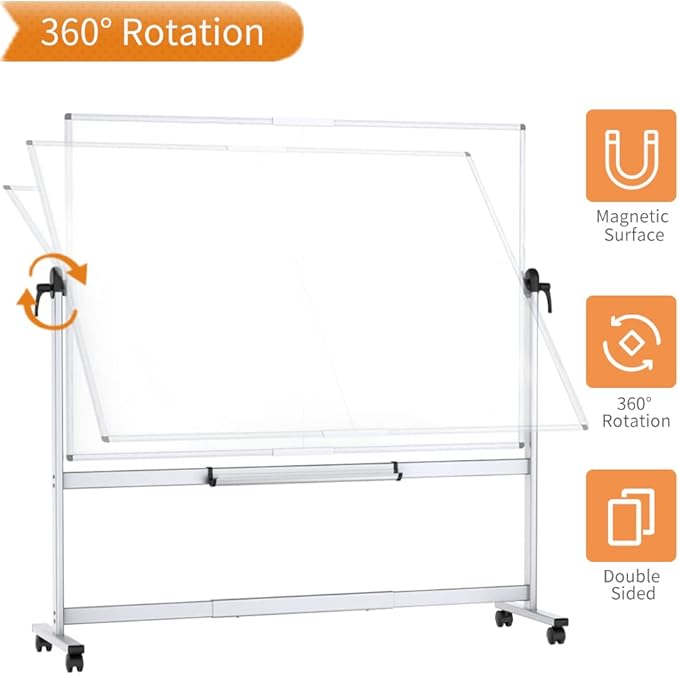 VIZ-PRO Double-Sided Mobile Whiteboard, 72 x 48 Inches, Magnetic Rolling Dry Erase White Board on Wheels with Aluminium Frame and Stand