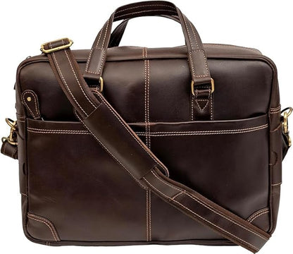 Brown Leather Laptop Bag - Stylish 16 Inch Computer Case for Men and Women - Genuine Leather Briefcase with Multiple Pockets and Shoulder Strap